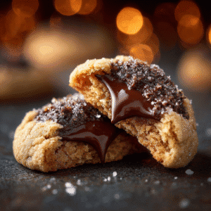 Close-up of peanut butter blossom cookie showing soft texture.