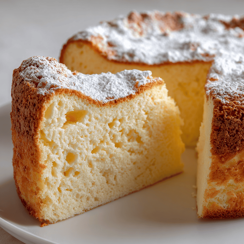 Close-up of fluffy yogurt cloud cake showing airy inside texture.