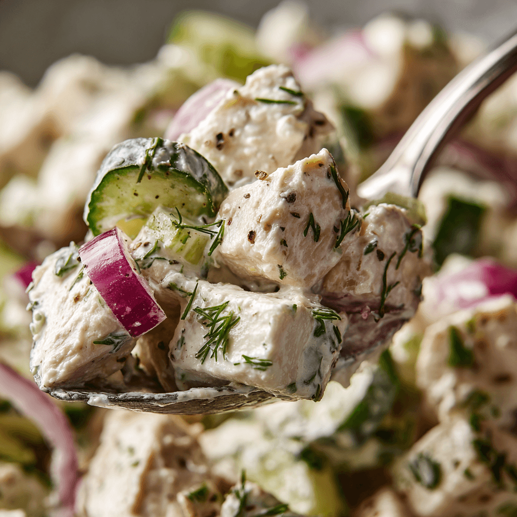 Macro view of creamy tzatziki chicken salad ingredients.