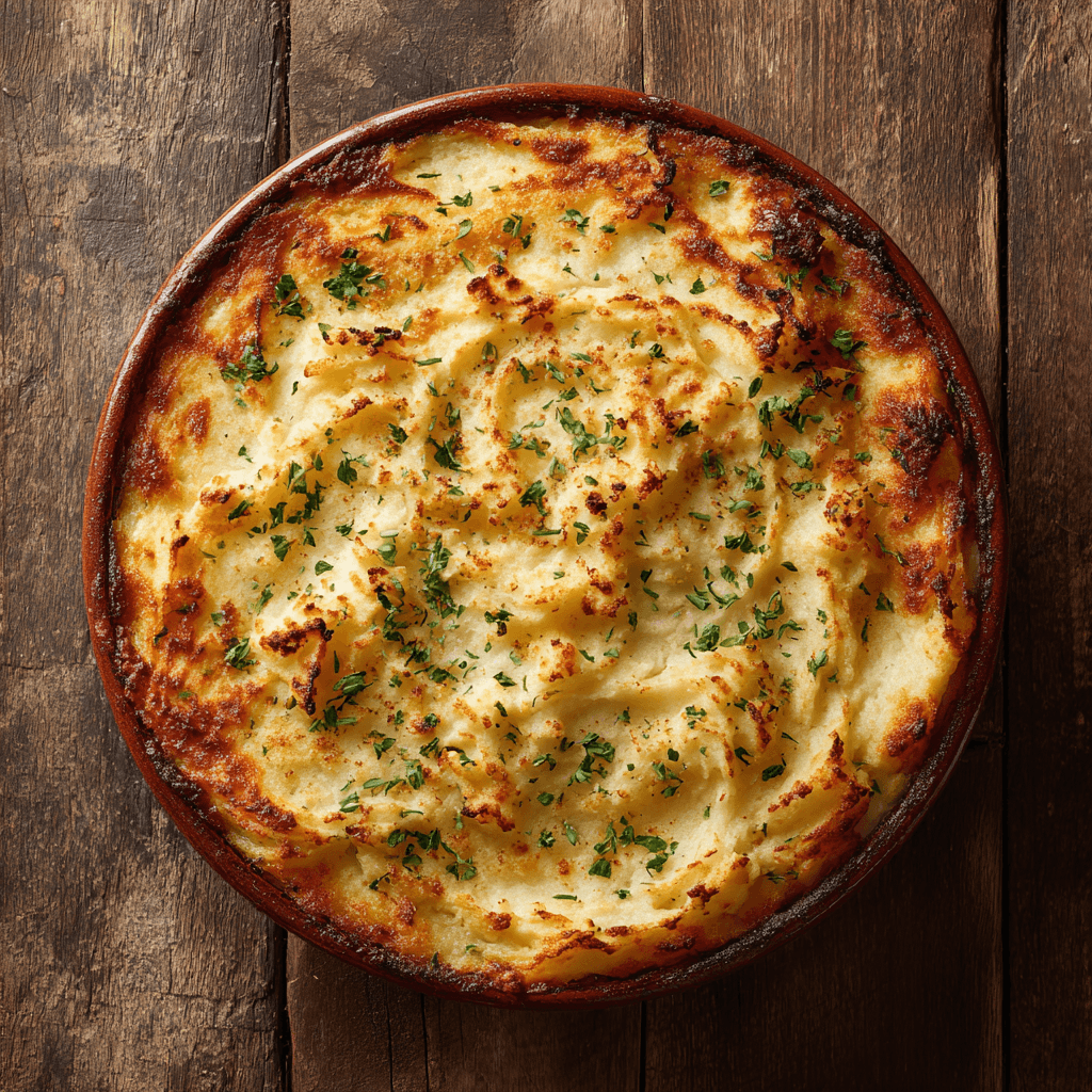 ayoubecomx overhead view of a full cottage pie in a ceramic b 5d8ab460 0a35 4eb8 846a b28838b42270 1 - Delicious Malvern Pudding: A Classic British Apple Dessert