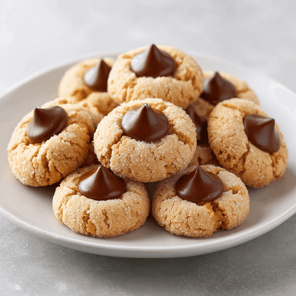 Peanut butter blossom cookies on a clean white plate.