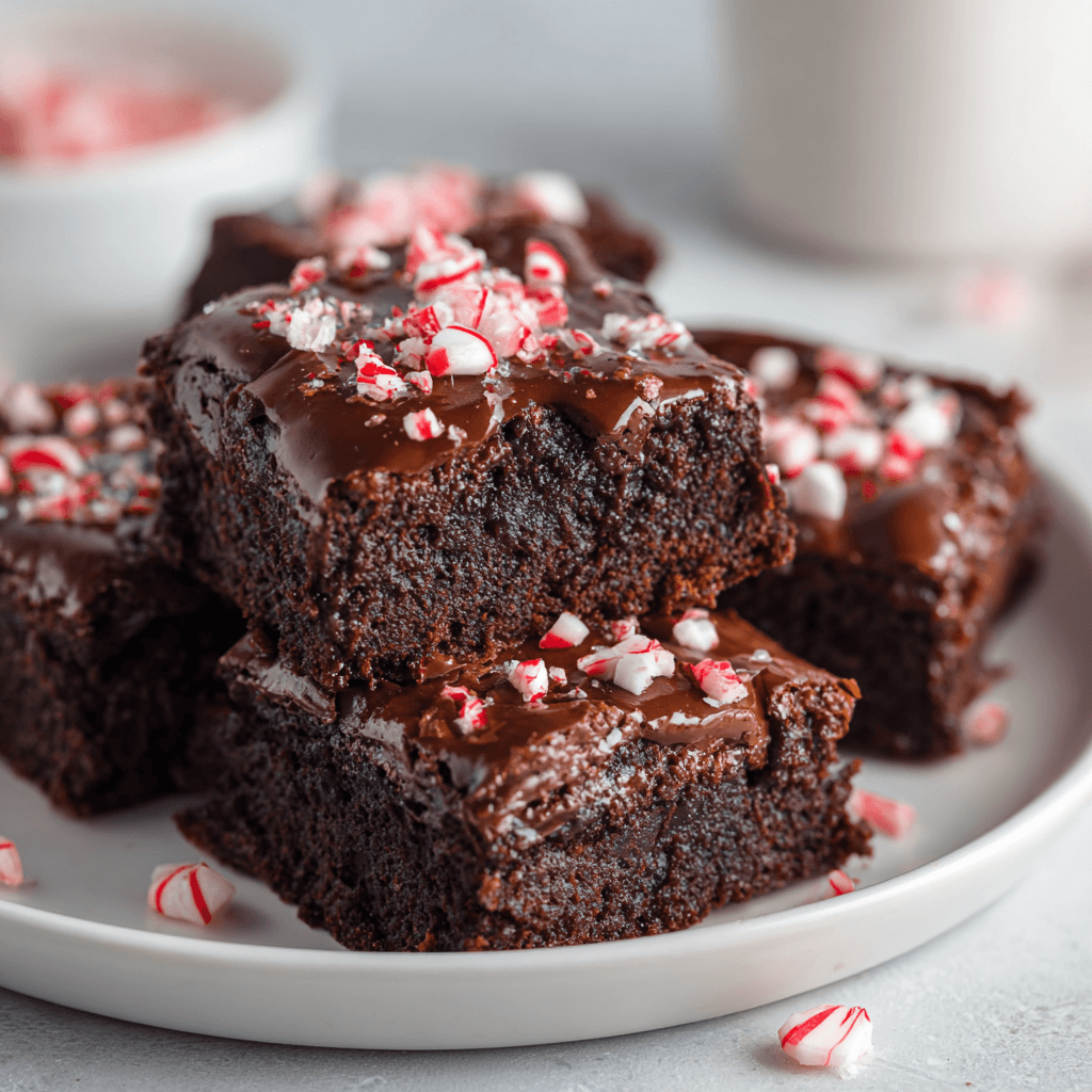 Fudgy peppermint brownies with candy cane topping on a white plate.