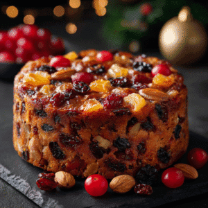 Whole boozy fruit cake filled with dried fruits and nuts.