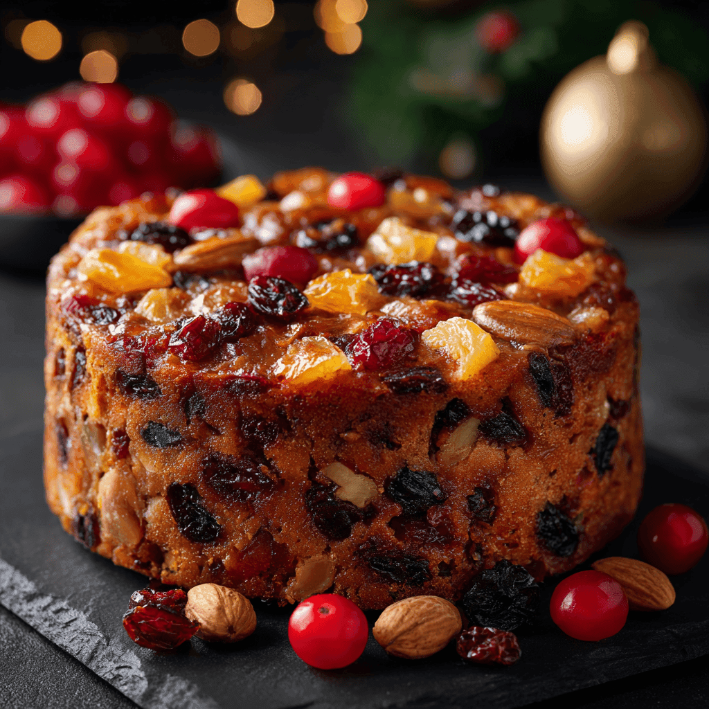 Whole boozy fruit cake filled with dried fruits and nuts.