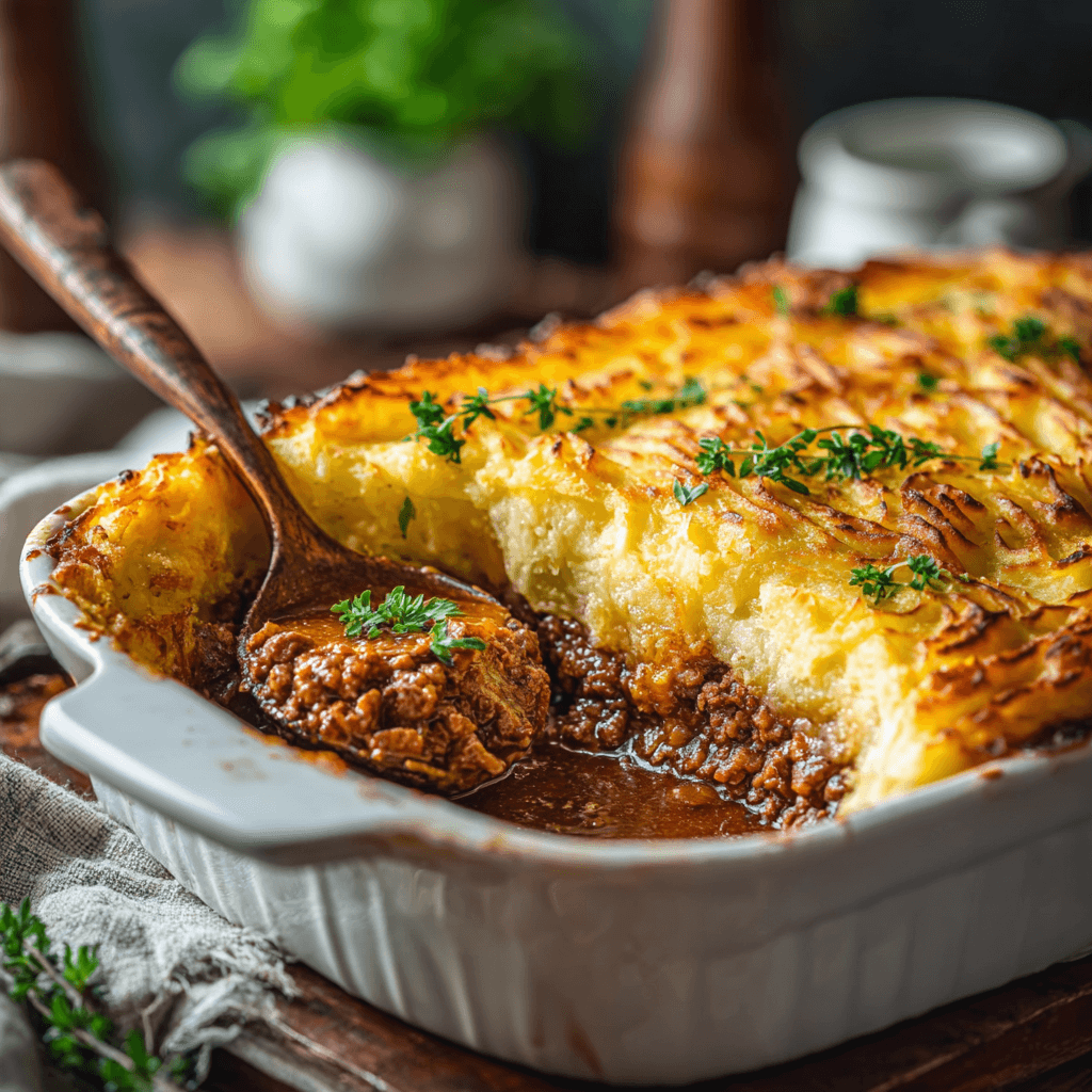 Malvern Pudding in a white ramekin topped with caramelized apple slices on a wooden table.