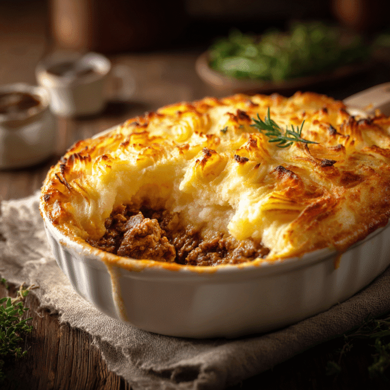 Cottage pie with golden mashed potatoes and beef filling in a white baking dish.