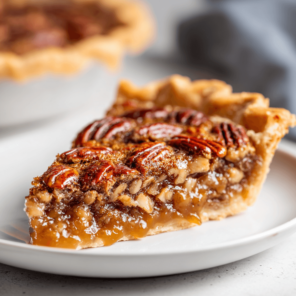 Slice of pecan pie on a white plate with visible caramel pecan filling.