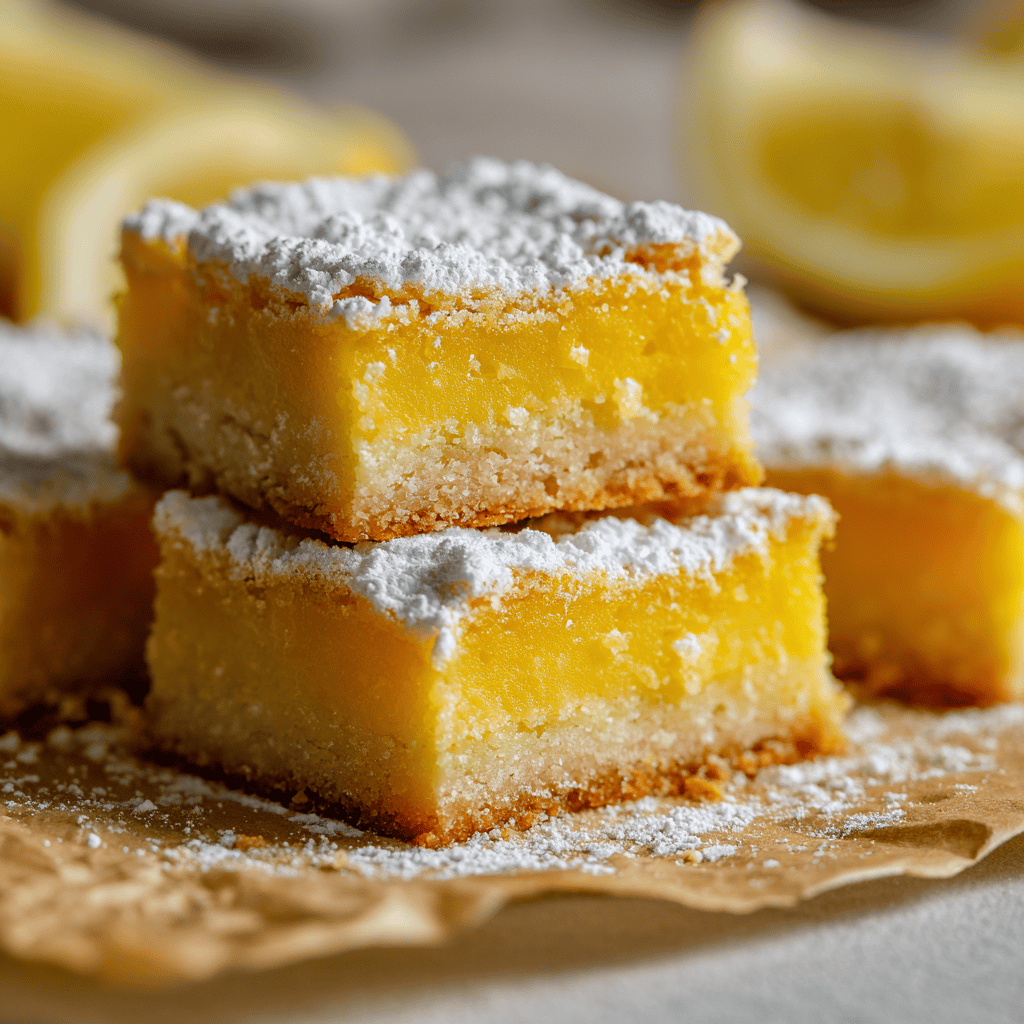 Close-up lemon bars with shortbread crust and powdered sugar on parchment.