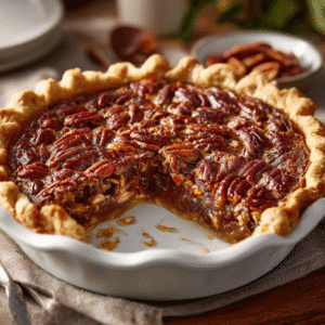 Pecan pie in a white dish with one slice removed showing gooey pecan filling