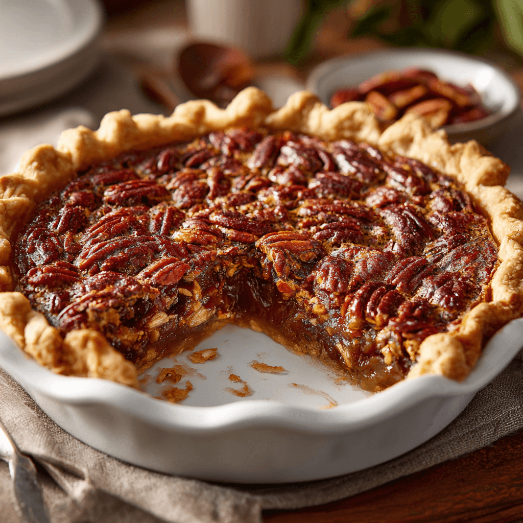 Pecan pie in a white dish with one slice removed showing gooey pecan filling
