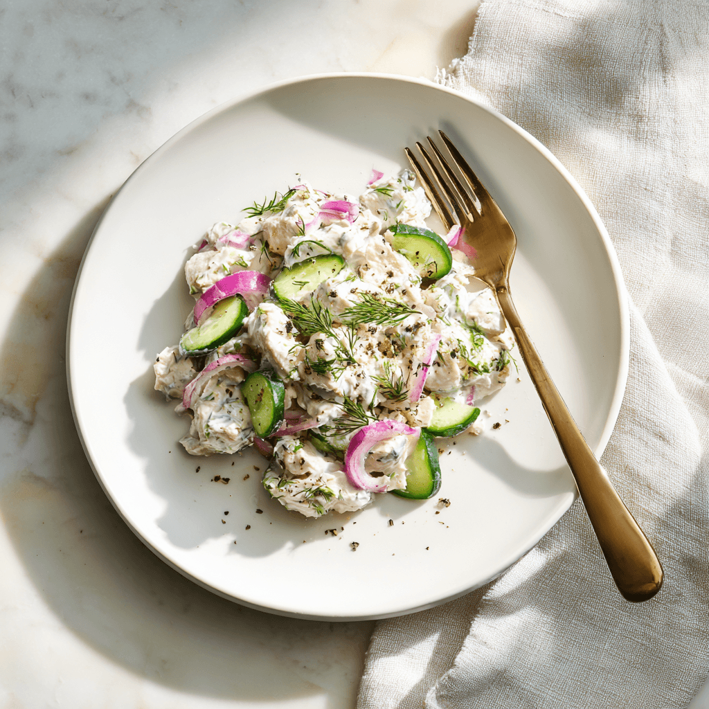 Creamy tzatziki chicken salad served on a white plate.