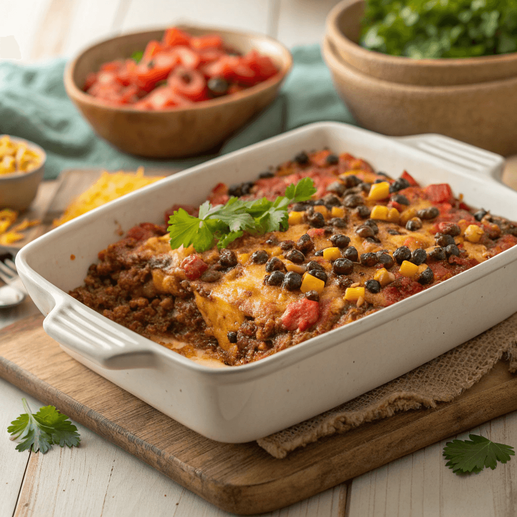 Whole taco casserole in a white baking dish topped with melted cheese, tomatoes, and cilantro.