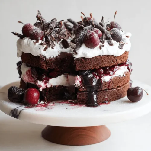 Delicious Cherry Chocolate Cake Recipe 2 Rustic Black Forest cherry chocolate cake with whipped cream, fresh cherries, and chocolate curls, displayed on a marble stand.