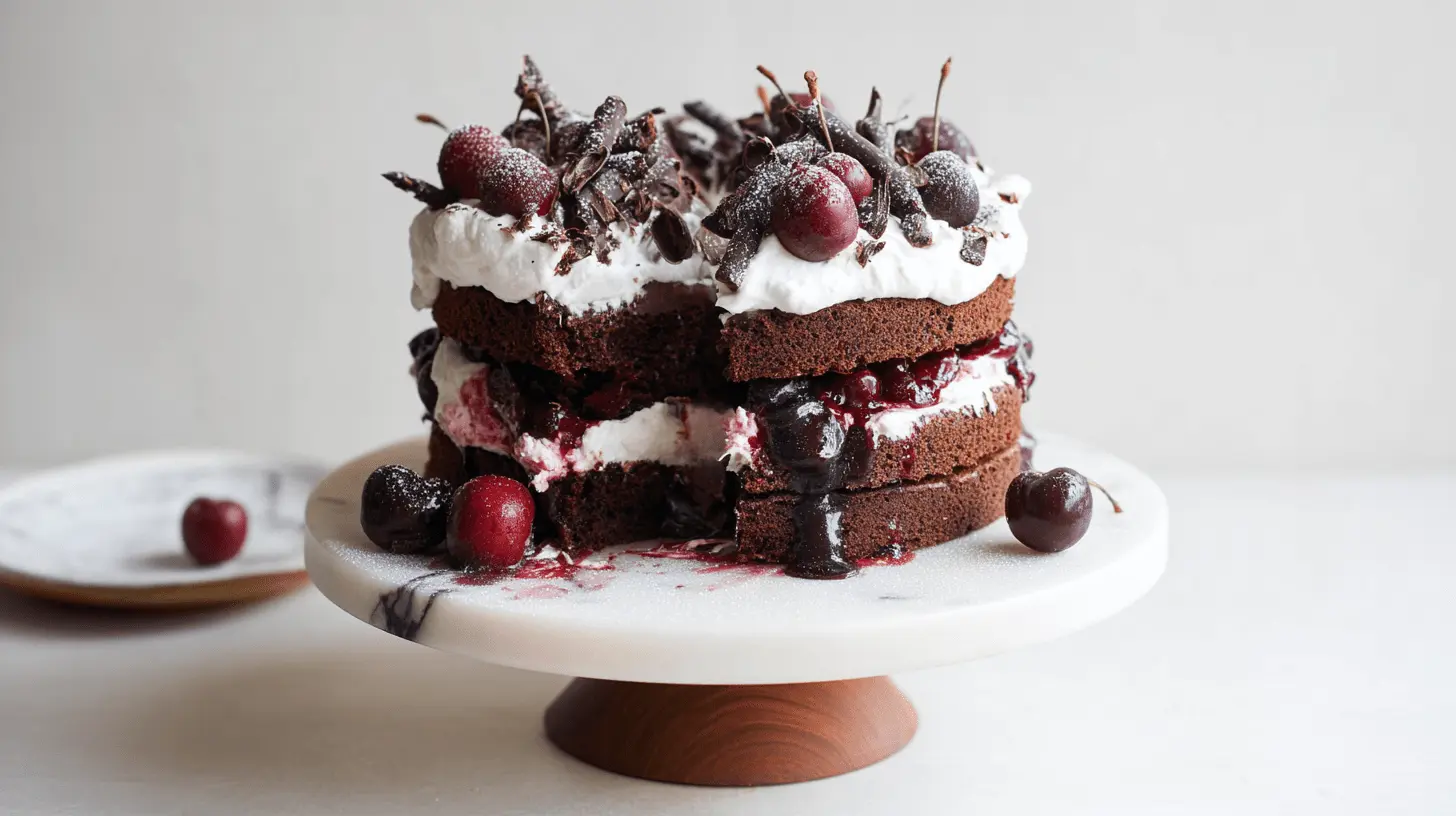 Delicious Cherry Chocolate Cake Recipe 1 Rustic Black Forest cherry chocolate cake with whipped cream, fresh cherries, and chocolate curls, displayed on a marble stand.
