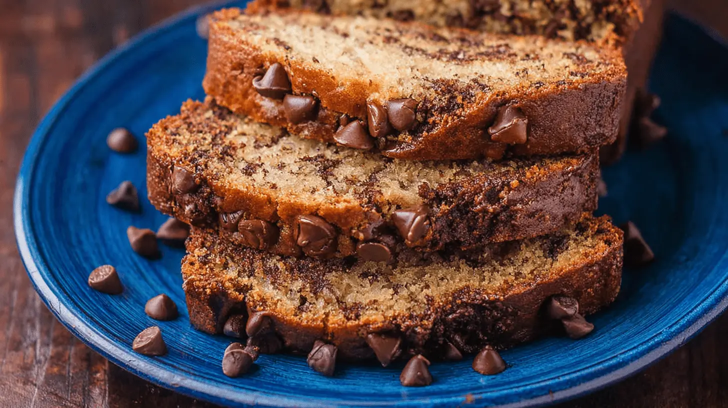 The Best Moist Chocolate Chip Banana Bread Recipe 1 Close-up of moist, stacked slices of chocolate chip banana bread on a blue ceramic plate.