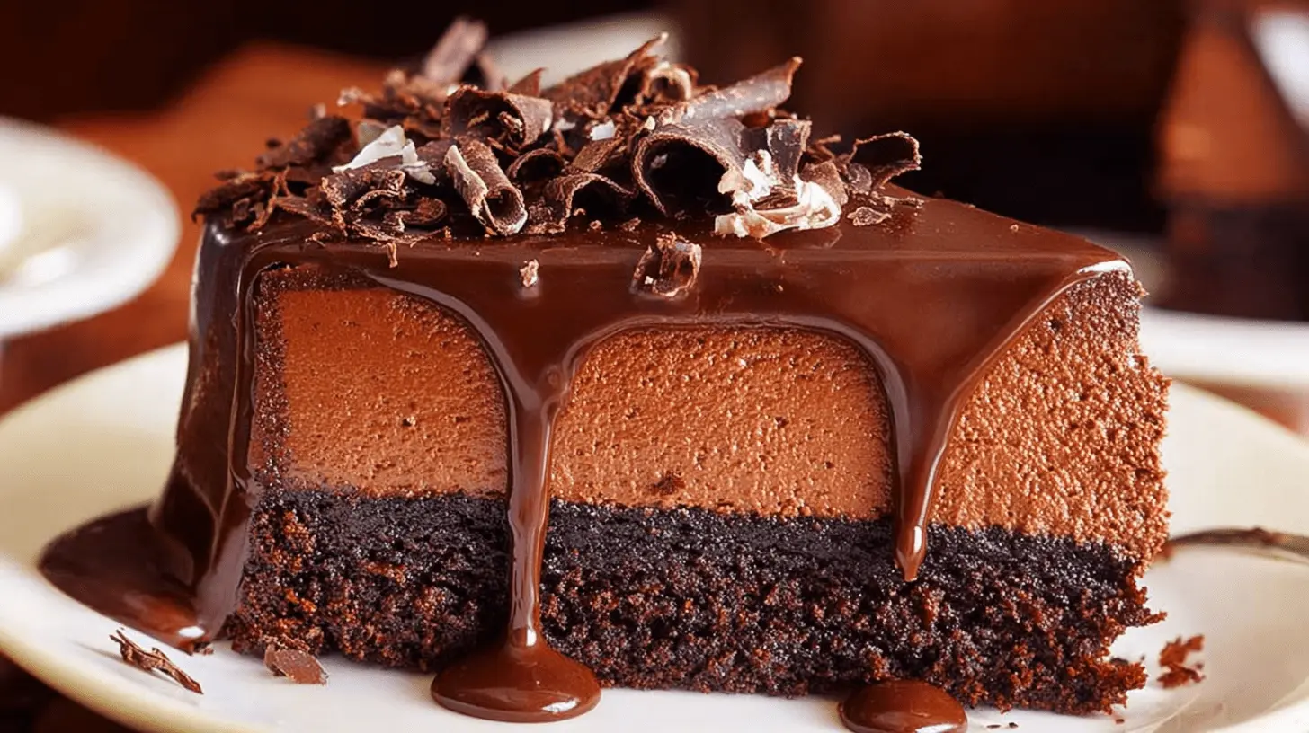 Decadent Chocolate Truffle Cake: A Rich, Three-Layer Delight 1 A decadent slice of multi-layered chocolate truffle cake with glossy ganache and chocolate curls on a white plate.