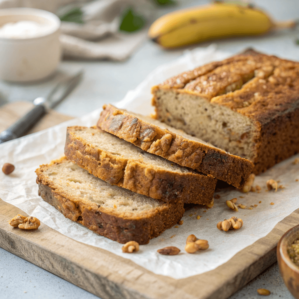 Sliced paleo banana bread with golden crust and moist grain-free interior.