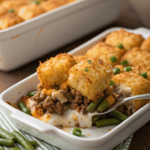 Close-up of tater tot casserole showing layers of beef, cheese, green beans, and crispy tots.