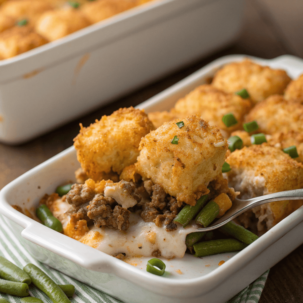 Close-up of tater tot casserole showing layers of beef, cheese, green beans, and crispy tots.