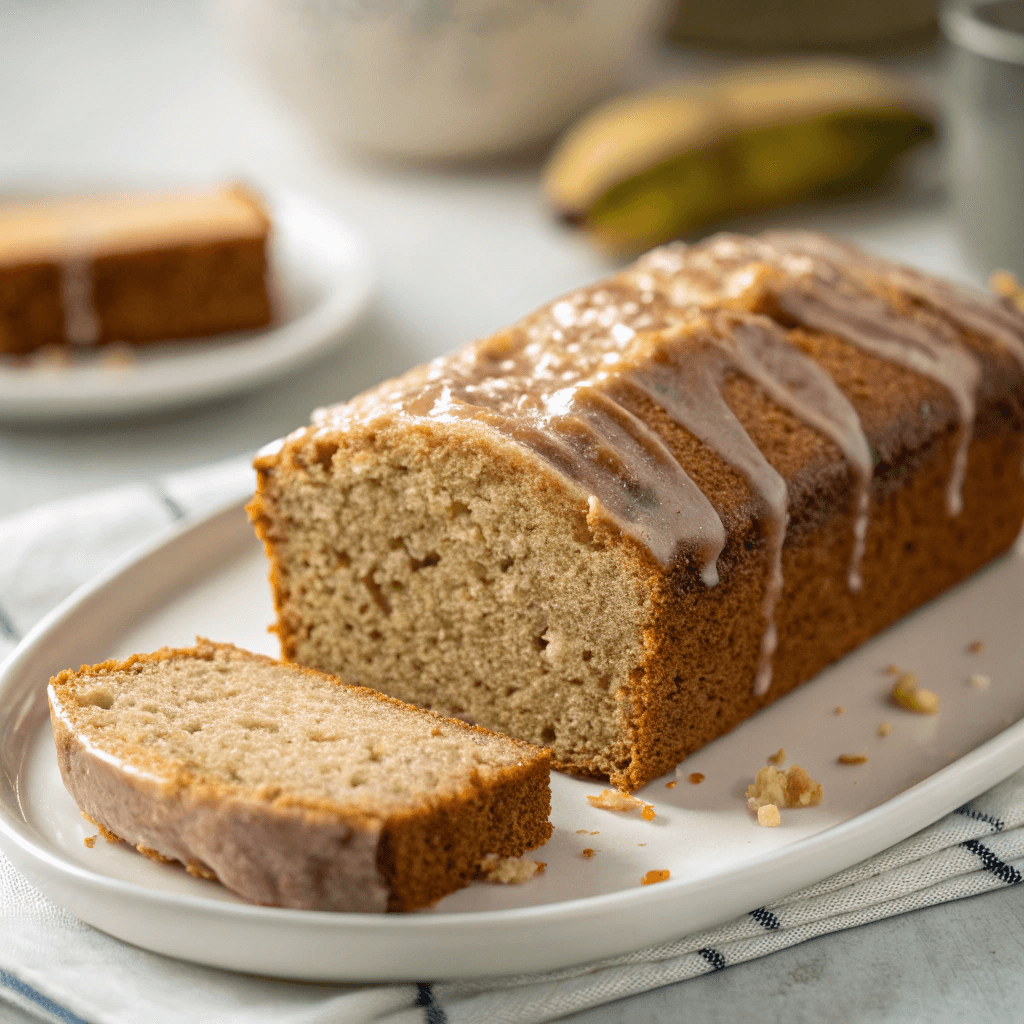Close-up of sliced low sugar banana bread with moist texture and golden crust.