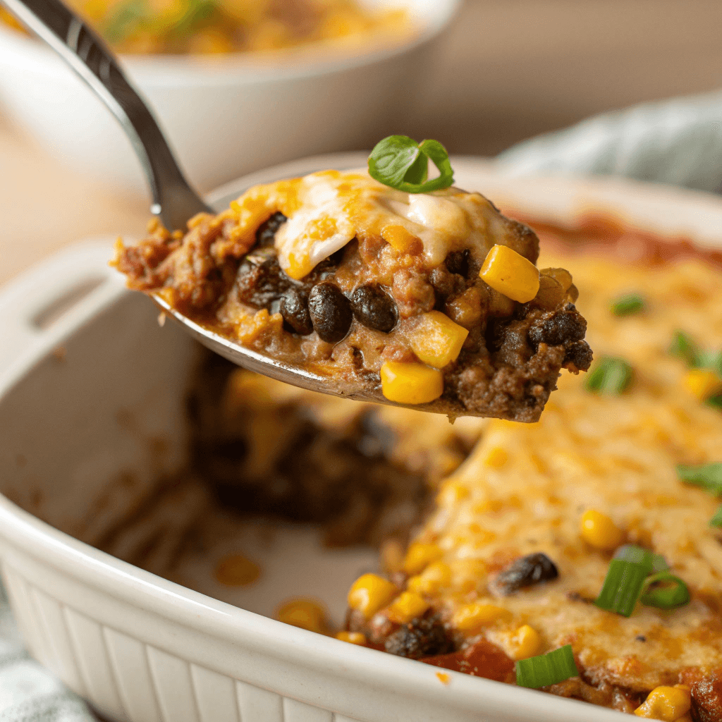 Close-up spoonful of taco casserole with melted cheese, beef, beans, and corn.