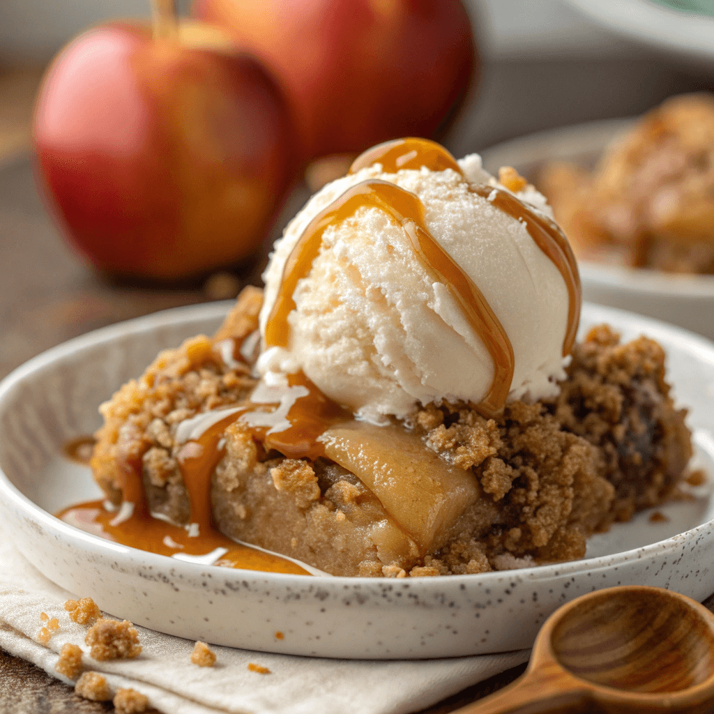 Close-up of caramel apple crisp with melting ice cream and caramel drizzle.