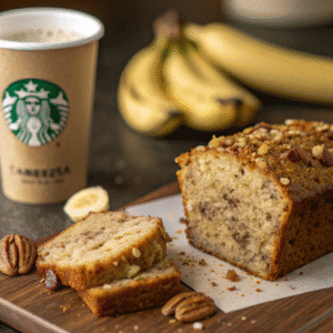 Close-up slices of Starbucks-style banana nut bread with pecans.
