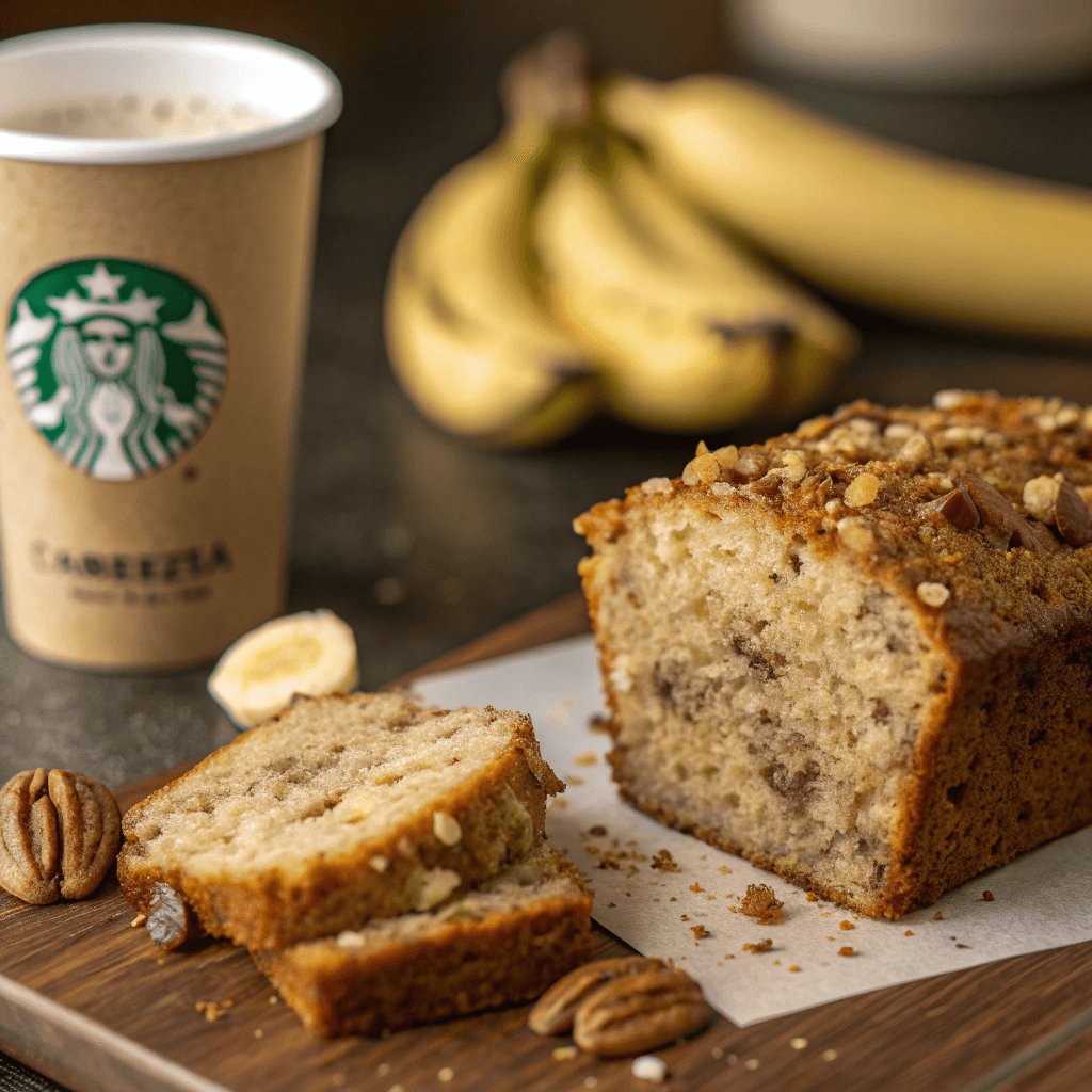 Close-up slices of Starbucks-style banana nut bread with pecans.