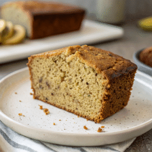 Close-up slice of coconut flour banana bread showing crumb texture.