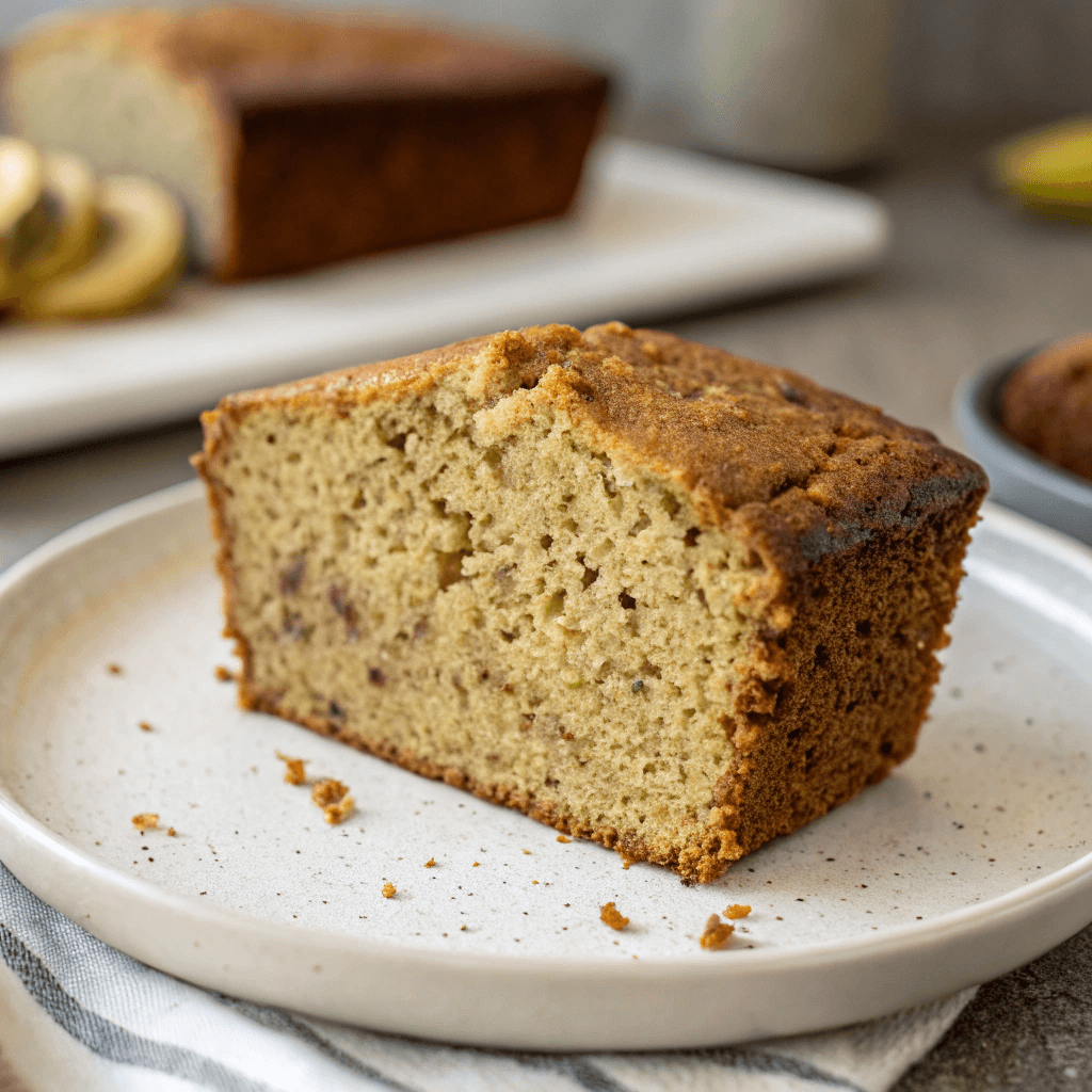 Close-up slice of coconut flour banana bread showing crumb texture.