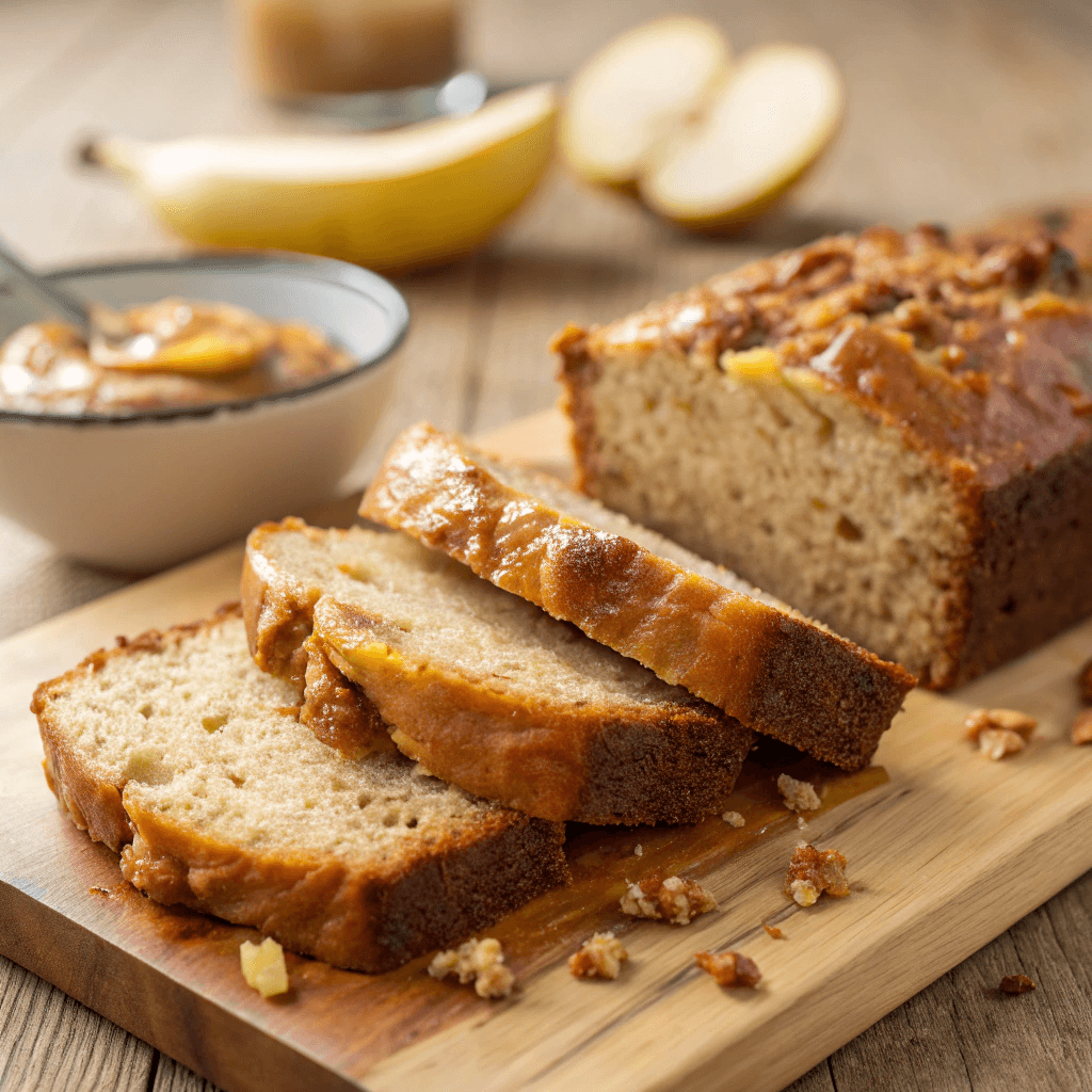 Healthy & Easy Banana Bread Recipe with Applesauce 2 Close-up of sliced banana bread made with applesauce showing moist texture.