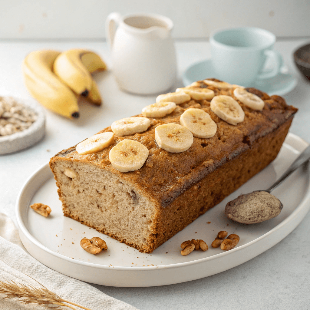 Whole loaf of flourless banana bread topped with banana slices on a white plate.