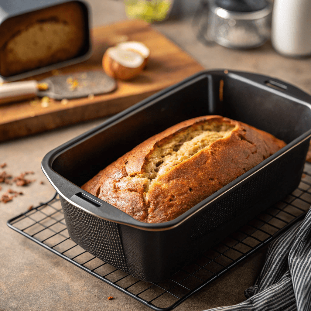 Air Fryer Banana Bread: Easy Mini Loaves 3 Freshly baked air fryer banana bread loaf in the pan.