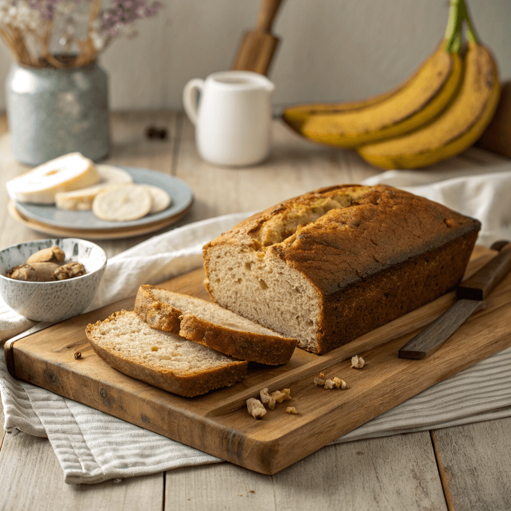 Classic Pillsbury Banana Bread Recipe 3 Whole Pillsbury banana bread loaf on a wooden board.