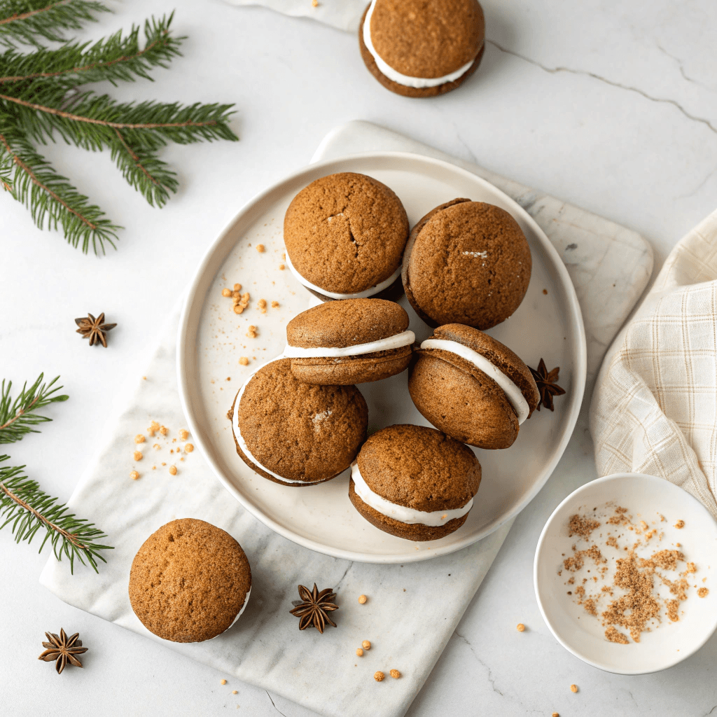 Hero image of gingerbread whoopie pies on a white plate with minimal background.