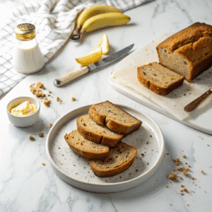 Moist & Fluffy Low Calorie Banana Bread (Under 100 Calories!) 4 Hero image of low calorie banana bread slices on a white plate with bright natural light.