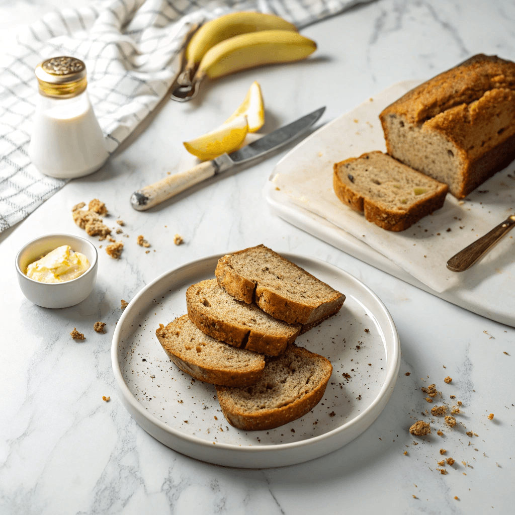 Moist & Fluffy Low Calorie Banana Bread (Under 100 Calories!) 3 Hero image of low calorie banana bread slices on a white plate with bright natural light.