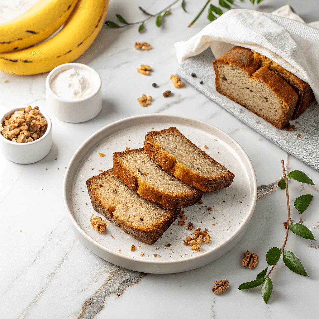 Delicious Low Carb Banana Bread with Real Bananas 2 Hero image of low carb banana bread slices on a white plate with bright natural light.