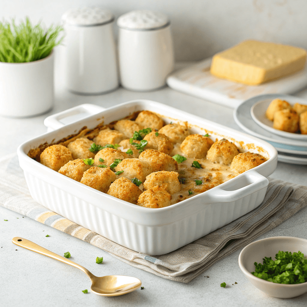Hero image of tater tot casserole in a white dish with golden crispy topping.