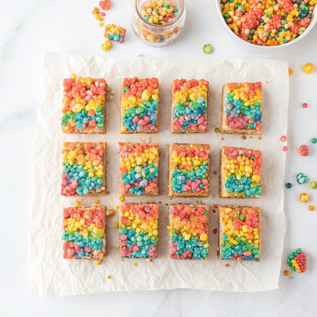 Vibrant Trix Krispie Treats: Easy No-Bake Cereal Bars 3 Hero image of Trix Krispie Treats squares on parchment paper with colorful cereal.
