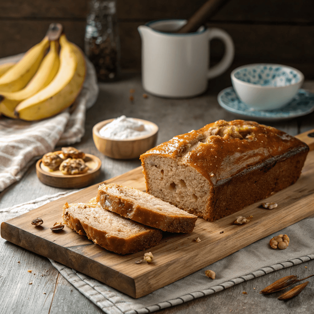 Healthy & Easy Banana Bread Recipe with Applesauce 3 Whole loaf of banana bread made with applesauce on a wooden cutting board.