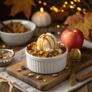 Caramel apple crisp in a white ramekin topped with vanilla ice cream and caramel drizzle.
