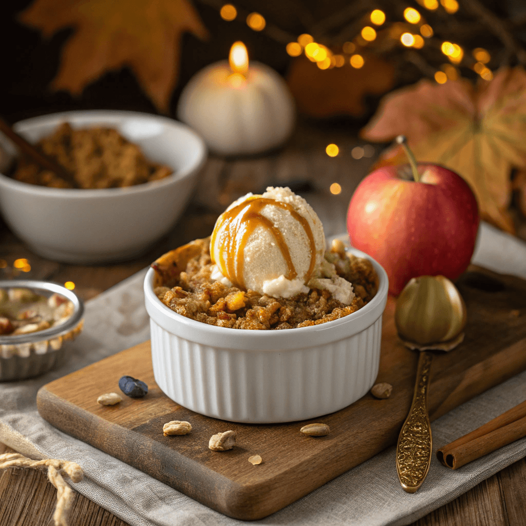 Caramel apple crisp in a white ramekin topped with vanilla ice cream and caramel drizzle.