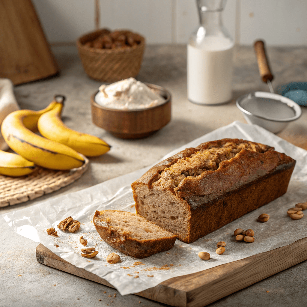 Moist & Fluffy Low Calorie Banana Bread (Under 100 Calories!) 2 Whole loaf of low calorie banana bread with golden crust on parchment paper.
