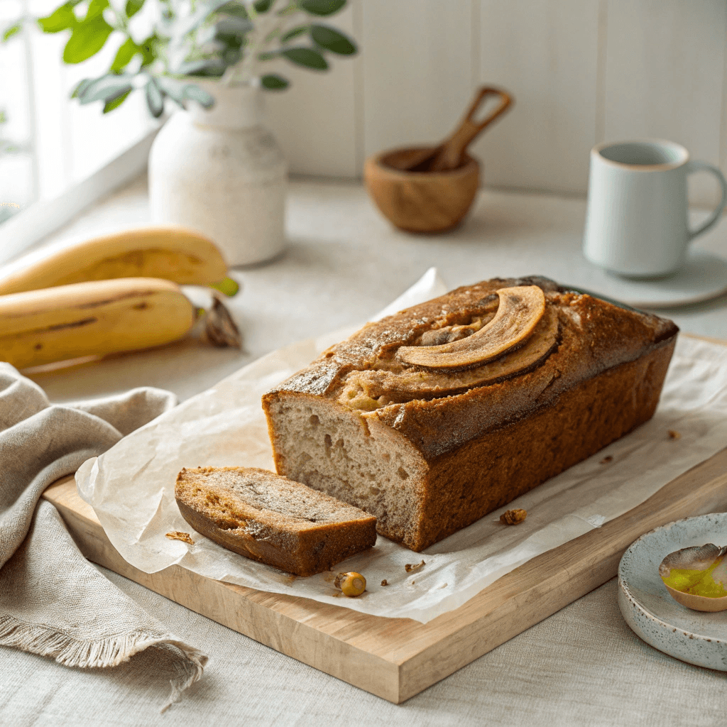 Delicious Low Carb Banana Bread with Real Bananas 3 Whole loaf of low carb banana bread with golden crust and banana slice on top.