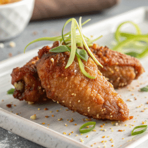 Close-up of a crispy Chinese chicken wing with golden crackly skin.