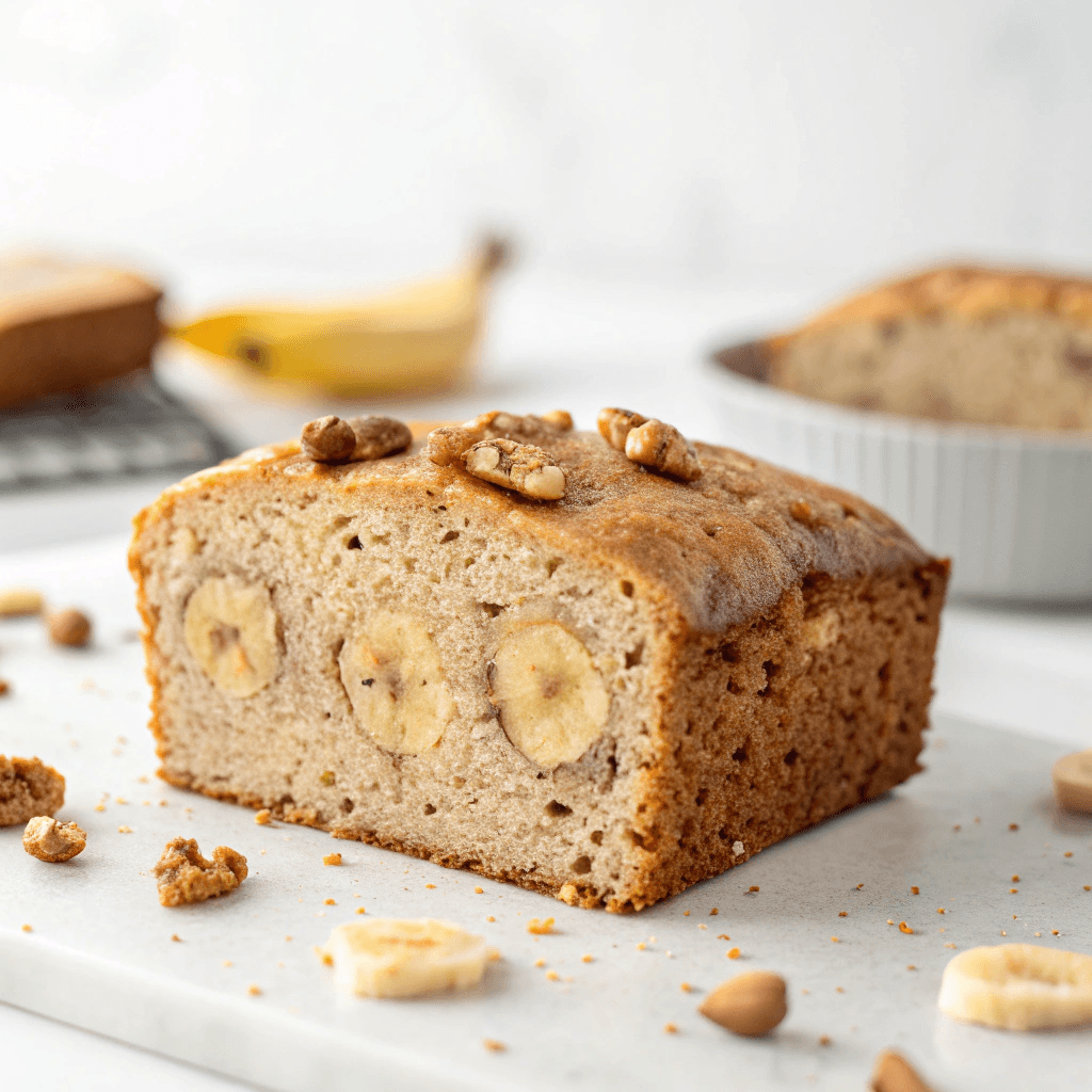 Close-up slices of paleo banana bread with moist almond flour texture.