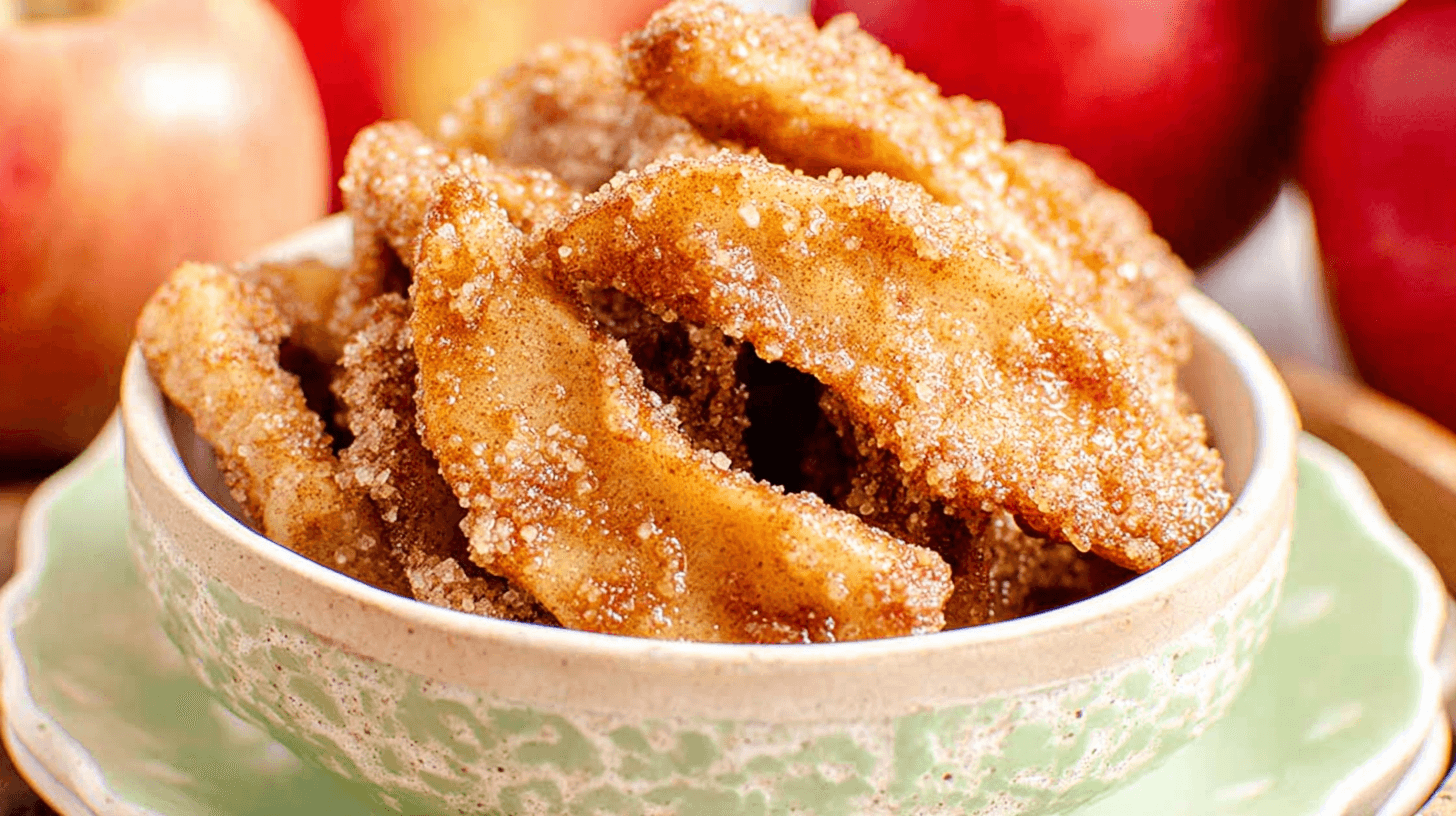simple Air Fryer Apple Fries taken with an old camera, golden-brown apple slices, glistening brown sugar cinnamon glaze, coarse sugar crystals, textured cream ceramic bowl, light green decorative rim plate, soft-focus red apples background, soft warm light, shallow depth of field.