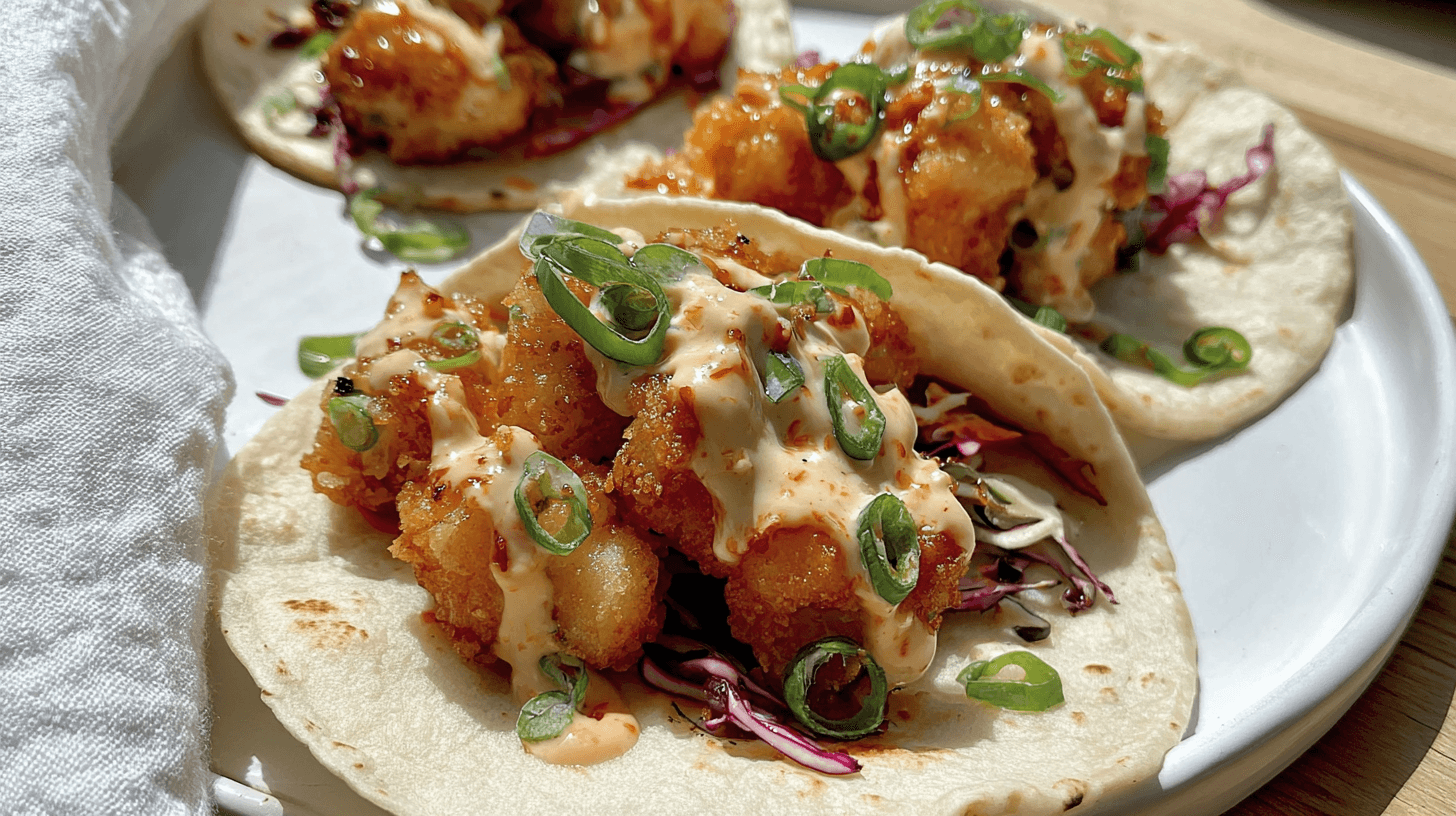simple Air Fryer Bang Bang Shrimp Tacos taken with an old camera, vibrant close-up, soft tortillas, golden crispy shrimp, luscious creamy sauce, bright green scallions, white plate, rustic wooden surface, bright natural light.