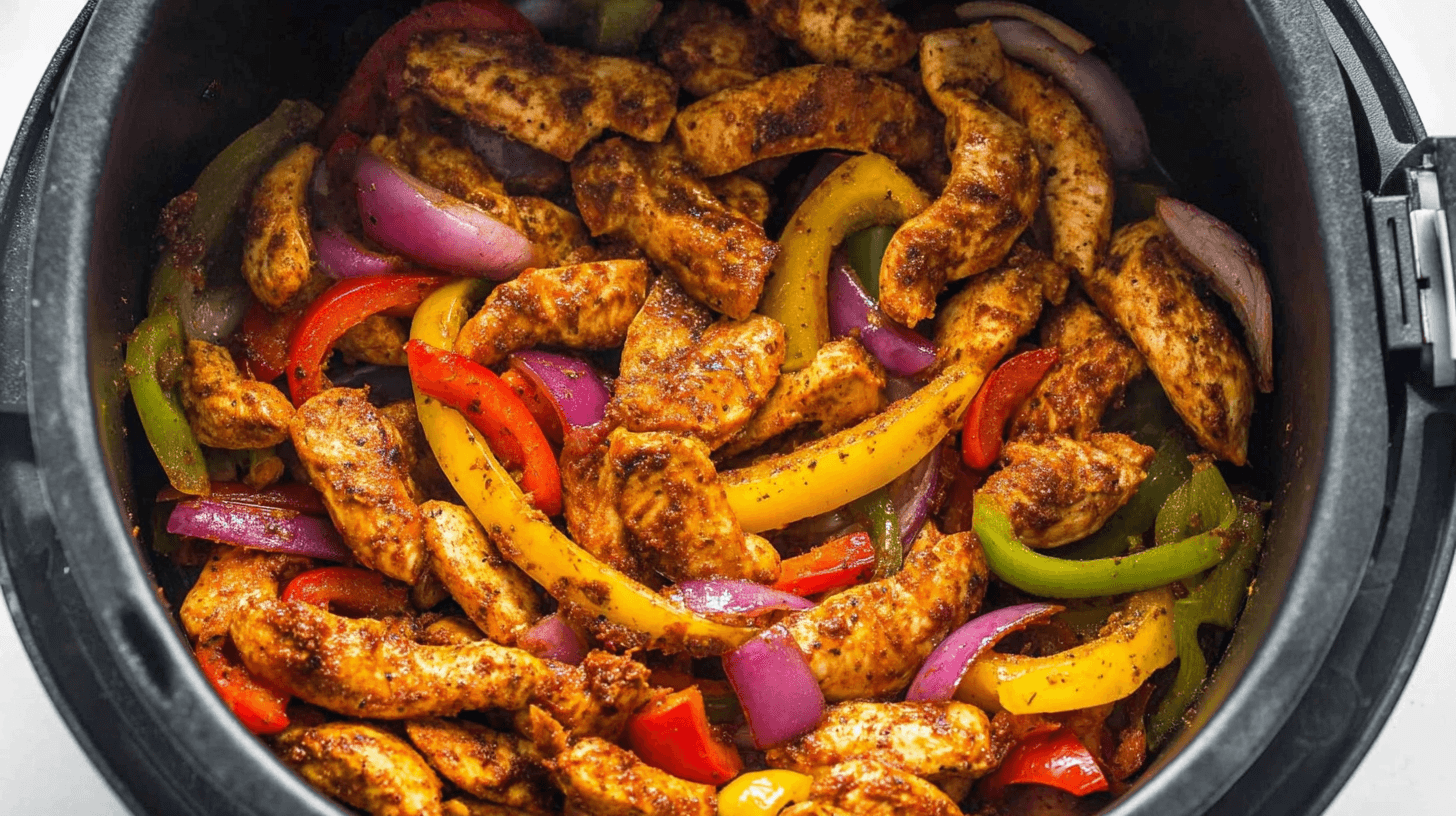 simple Air Fryer Chicken Fajitas taken with an old camera, vibrant close-up, golden-brown chicken, colorful bell peppers, softened red onions, dark air fryer basket, bright even lighting, appetizing.